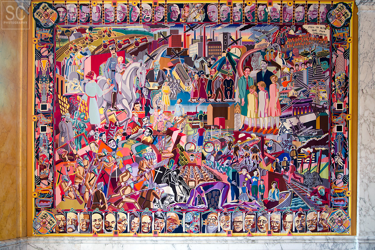 Modern tapestry depicting the history of the 20th century