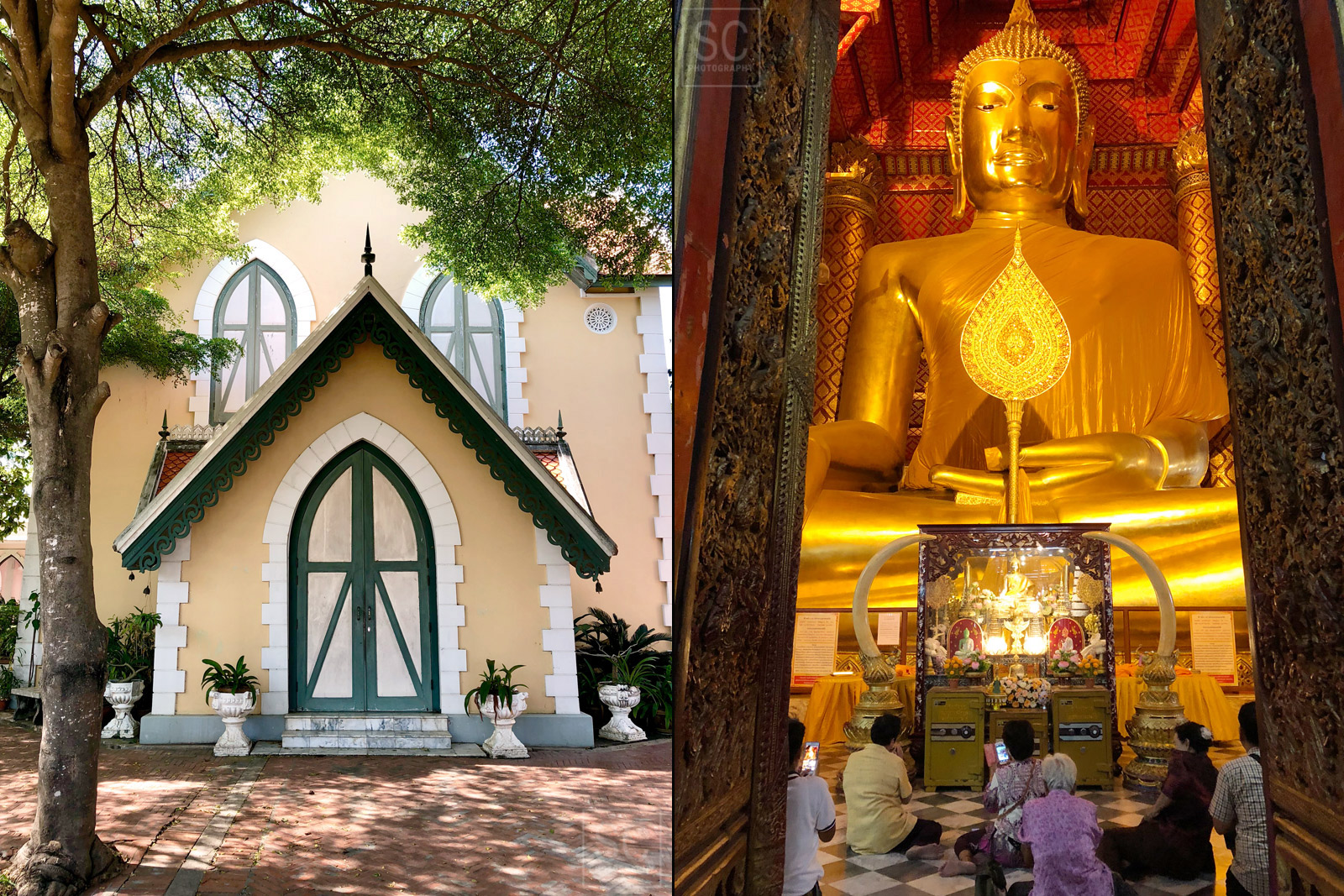 Wat Phanan Choeng temple in Ayutthaya has another giant Buddha (right). European Gothic style Wat Niwet Thammaprawat temple (left)