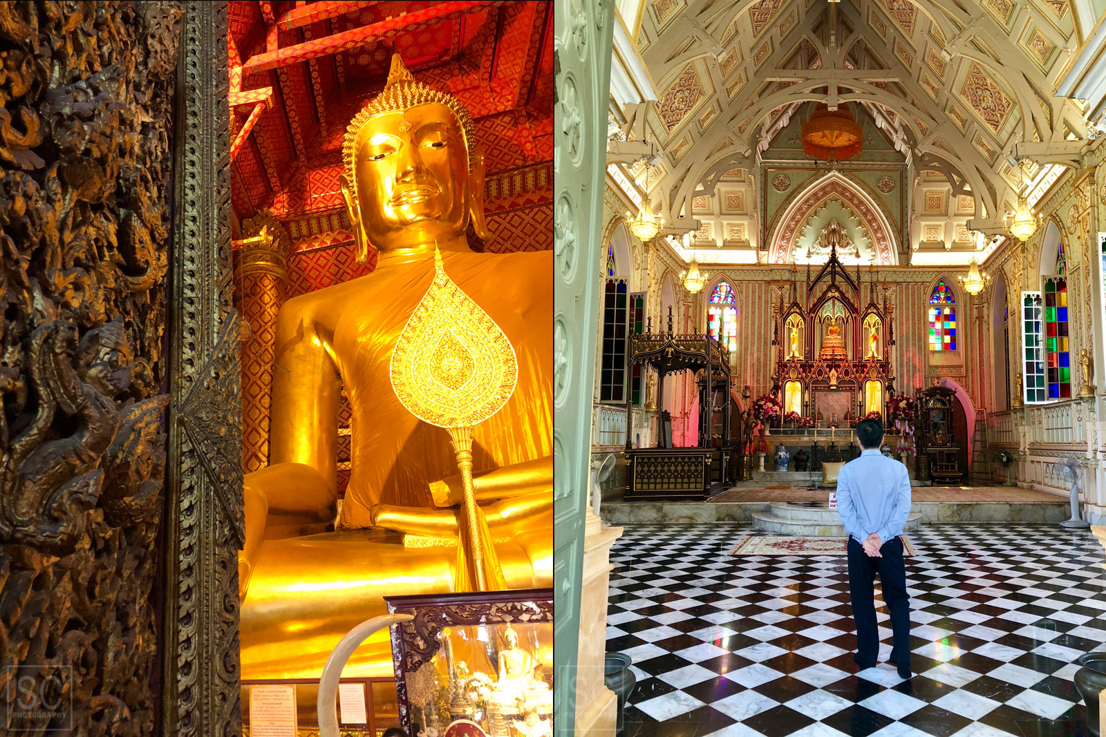 These are both Buddhist temples: traditional style Wat Phanan Choeng (left) and European Gothic style Wat Niwet Thammaprawat (right)