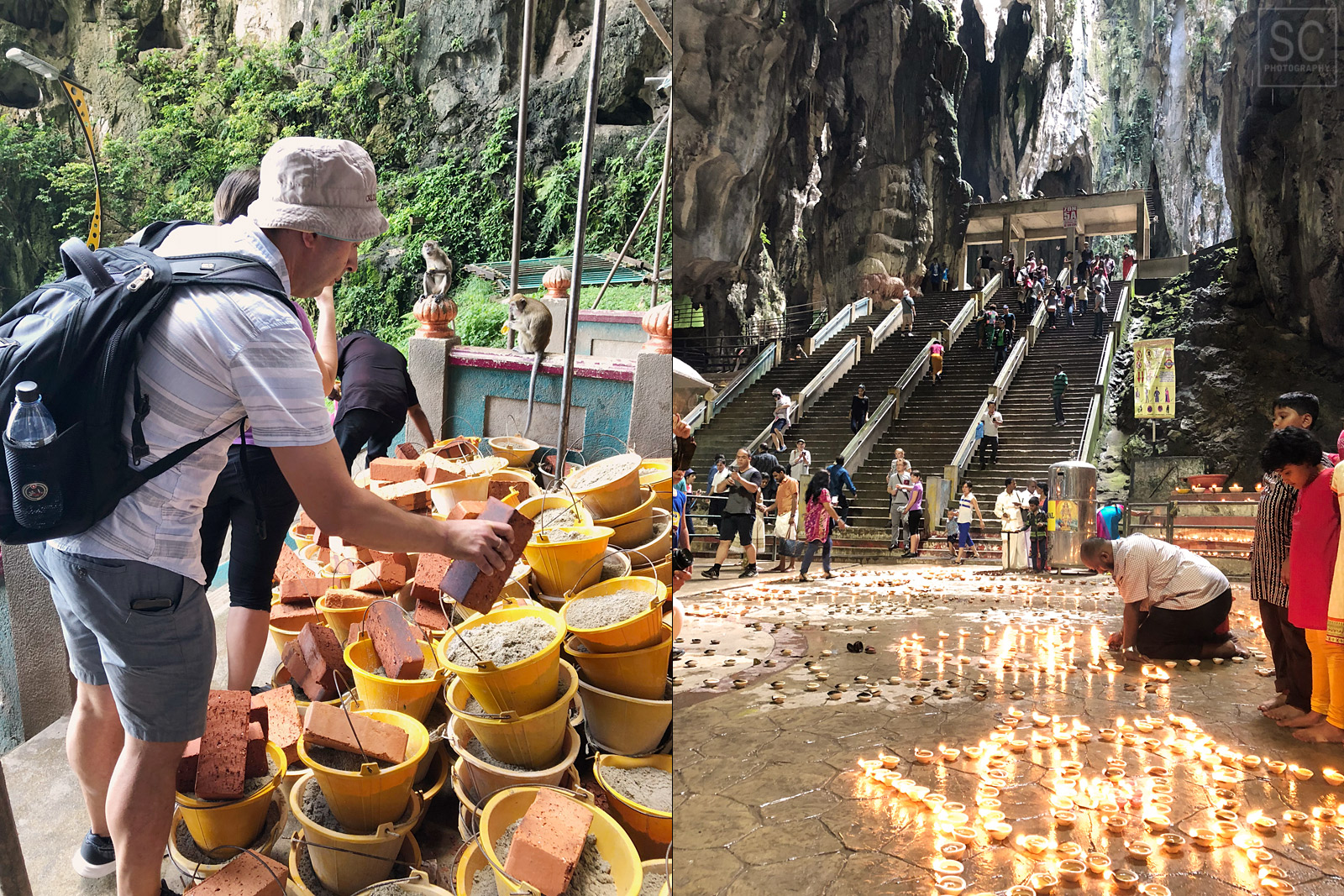They encourage all visitors to carry a brick or a bucket of sand to the top of the stairs to help with the construction of the temple inside the caves